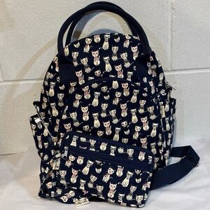 Cat print canvas satchel bag backpack quilted wristlet coin purse 3 piece set